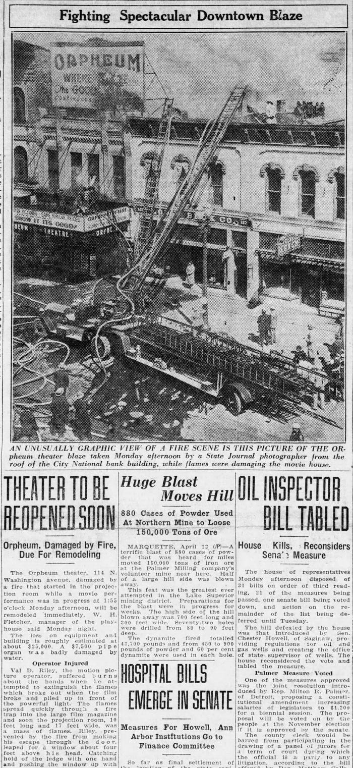 Orpheum Theatre - Lansing State Journal Tue Apr 12 1927 Article On Fire